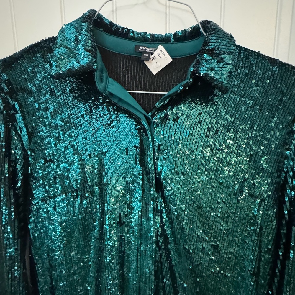 Express Teal Sequin Button Down Shirt Women’s Xs - image 3